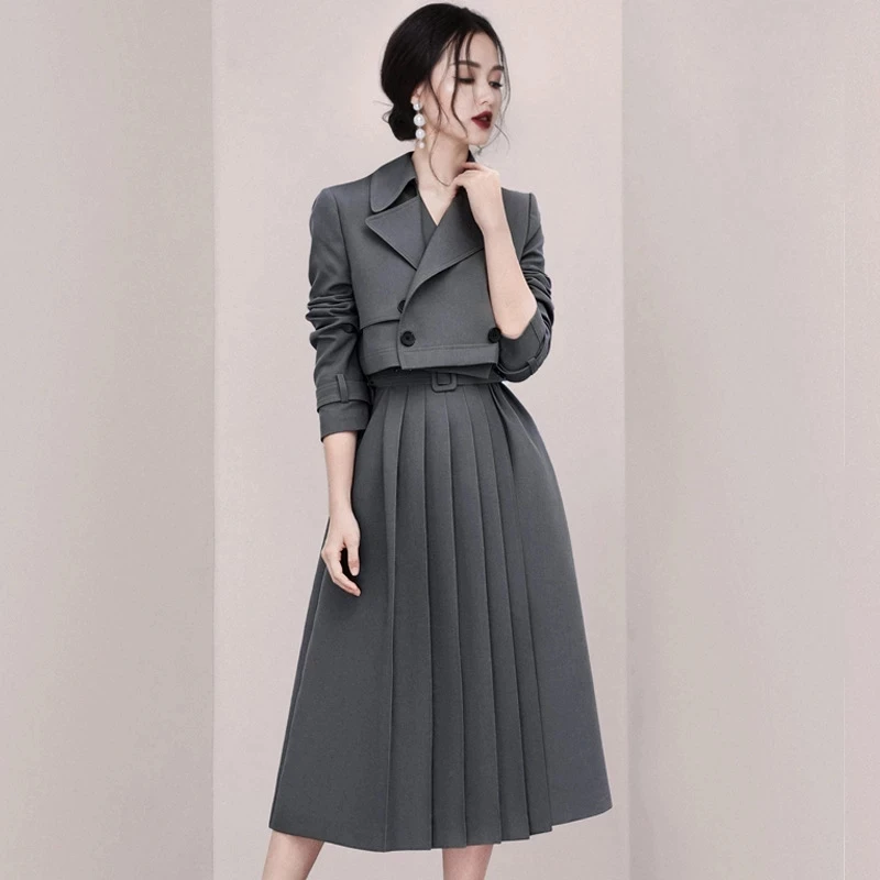 Korejski Pomlad Nov Modni Dva Kosa Iz Ženske Obreži Zgoraj Jopič Jakno Plašč + Naguban Midi Krilo Obleke Slim Women 2 Delni Set