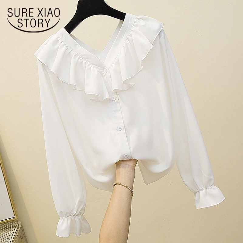 Korejski Proti-vrat Ruffles Šifon Vrhovi Elegantno Sladko Bluze za Ženske 2021 Jeseni Nov Modni Blusas Plus Velikost 4XL Ohlapne Srajce 10223