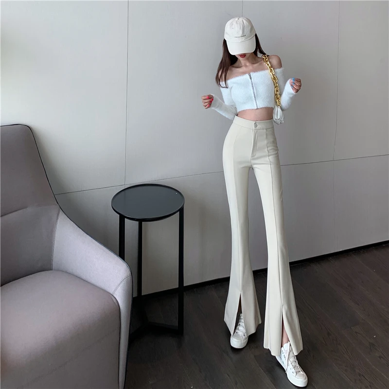 Korejski Volnene Zgostitev Ženske Flare Hlače 2020 Pozimi Visoko Pasu Slim Split Pantalon Femme Elegantne Dame Ulične Hlače Hlače
