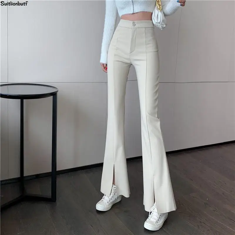 Korejski Volnene Zgostitev Ženske Flare Hlače 2020 Pozimi Visoko Pasu Slim Split Pantalon Femme Elegantne Dame Ulične Hlače Hlače
