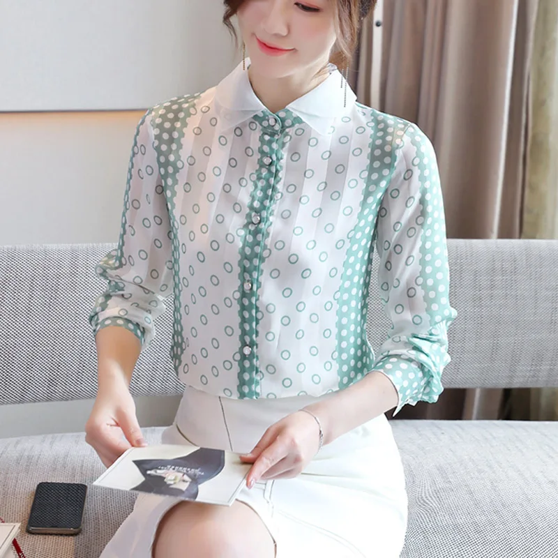 Korejski Šifon Ženske Majice Urad Dama Saten Polka Dot Majica Ženska Tiskanja Bluze Vrhovi Plus Velikost Ženske Majice Z Dolgimi Rokavi Top