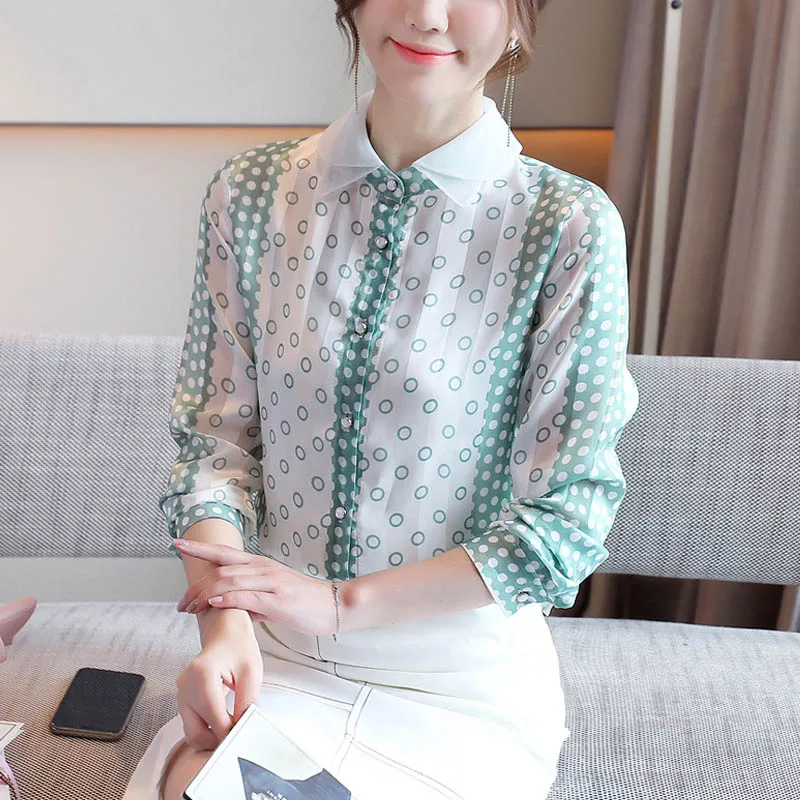 Korejski Šifon Ženske Majice Urad Dama Saten Polka Dot Majica Ženska Tiskanja Bluze Vrhovi Plus Velikost Ženske Majice Z Dolgimi Rokavi Top