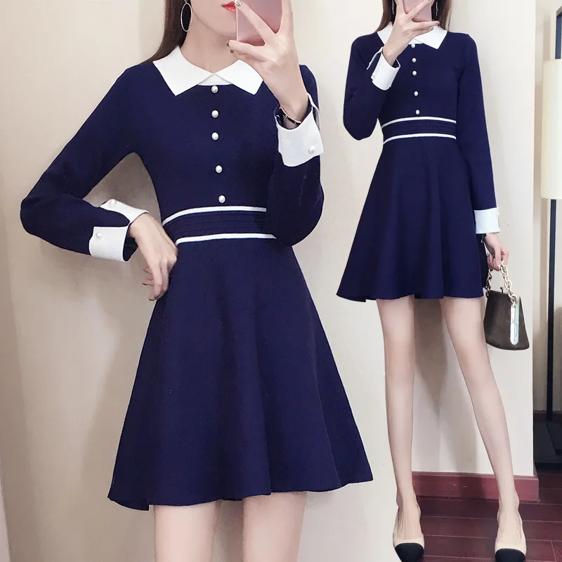 Korejski Ženske Pulover Obleko 2020 Novi Elegantni Modni A-line Dnom Dolg Rokav Pleteno Obleko Dekleta Preppy Visoko Pasu Mini Vestidos