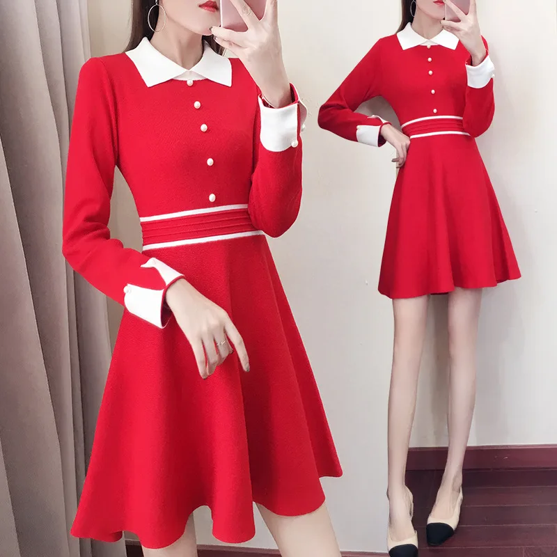 Korejski Ženske Pulover Obleko 2020 Novi Elegantni Modni A-line Dnom Dolg Rokav Pleteno Obleko Dekleta Preppy Visoko Pasu Mini Vestidos