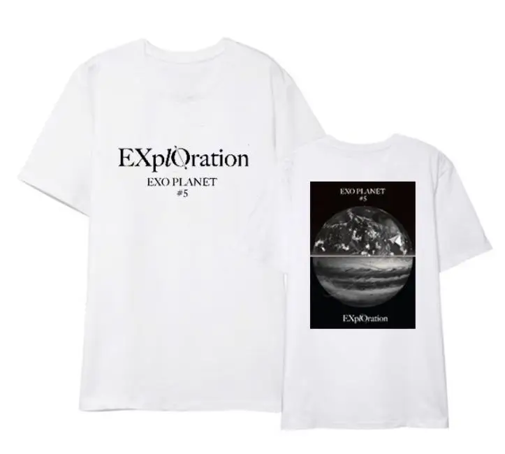 Kpop exo planet 5 raziskovanje koncert isti zemlji tiskanje t shirt poletje slog, unisex črna/bela o vratu t-shirt kratek rokav