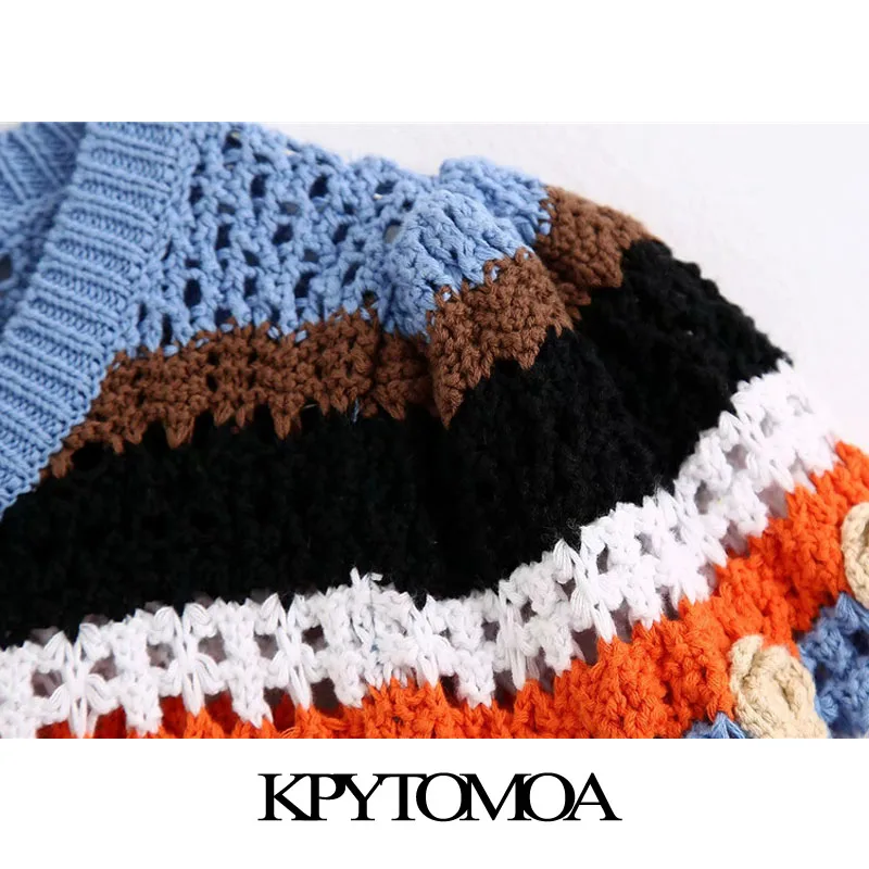 KPYTOMOA Ženske 2020 Sweet Modni Cvet-oblikovan Appliques Knitter Pulover Vintage O Vratu Kratek Rokav Ženski Puloverji Elegantna Vrhovi