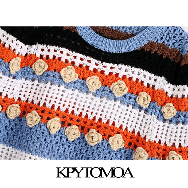 KPYTOMOA Ženske 2020 Sweet Modni Cvet-oblikovan Appliques Knitter Pulover Vintage O Vratu Kratek Rokav Ženski Puloverji Elegantna Vrhovi