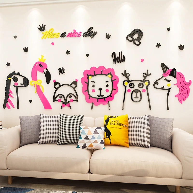 Kratek kapi Srčkan Živali Akril 3D Stenske nalepke Risanka medved, lev Flamingo otroški sobi Vrtec Razredu stenski dekor
