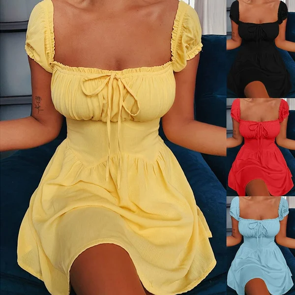 Kratek Rokav Mini Obleka za Ženske Seksi Slim Kvadratnih Vratu Naguban Obleke, Ženske Trdnih Visoko Pasu Vrvico Vestido Poletje 2021