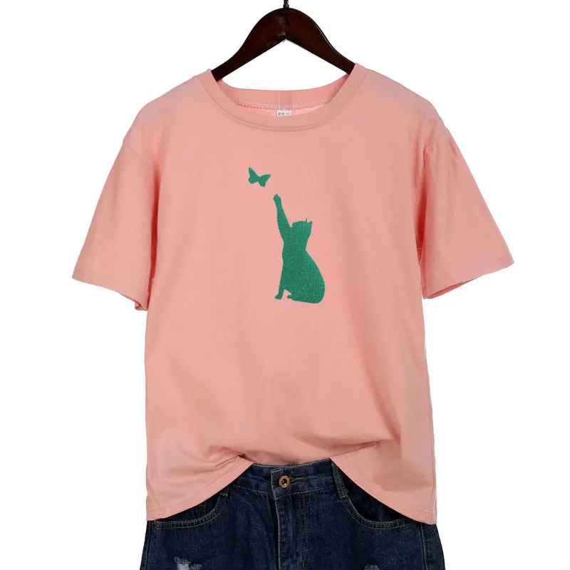 Kratek rokav T-shirt dekle poletje svoboden bleščice mačka tiskanje Tees Poletje TShirt Ženske
