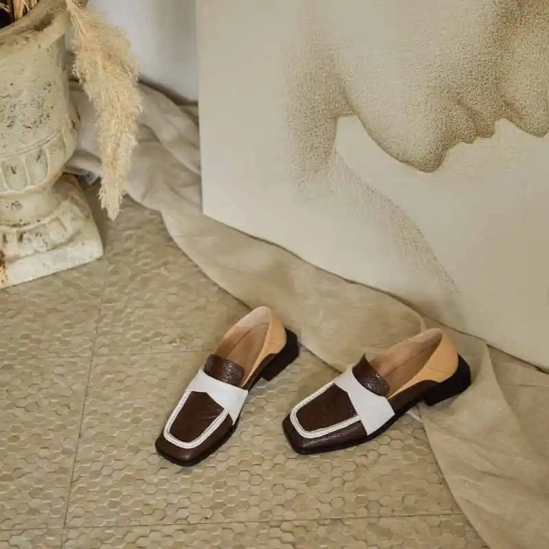 Krazing pot tiskanja kvadratni toe usnjeni čevlji zdrsne na loafers med petah preprost prosti slog pomlad ženske osnovne nevtralno črpalke L7f2