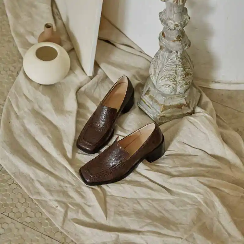 Krazing pot tiskanja kvadratni toe usnjeni čevlji zdrsne na loafers med petah preprost prosti slog pomlad ženske osnovne nevtralno črpalke L7f2