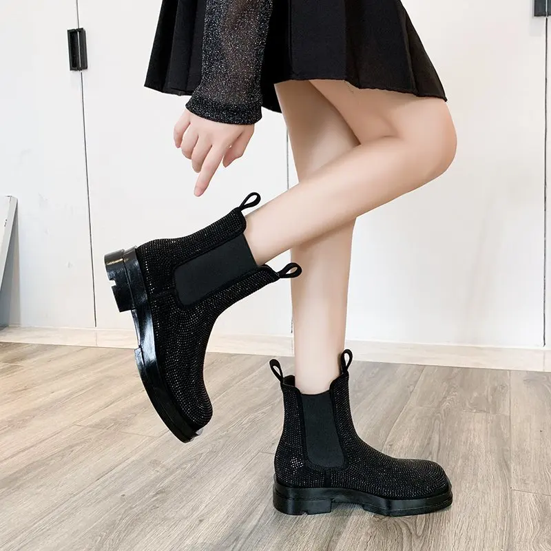 Kristalno Škornji Ženske Mozaik Stretch Tkanine, Botas Pozimi Platformo debele škornji 2020 Slip-on Chelsea Škornji Botas Mujer