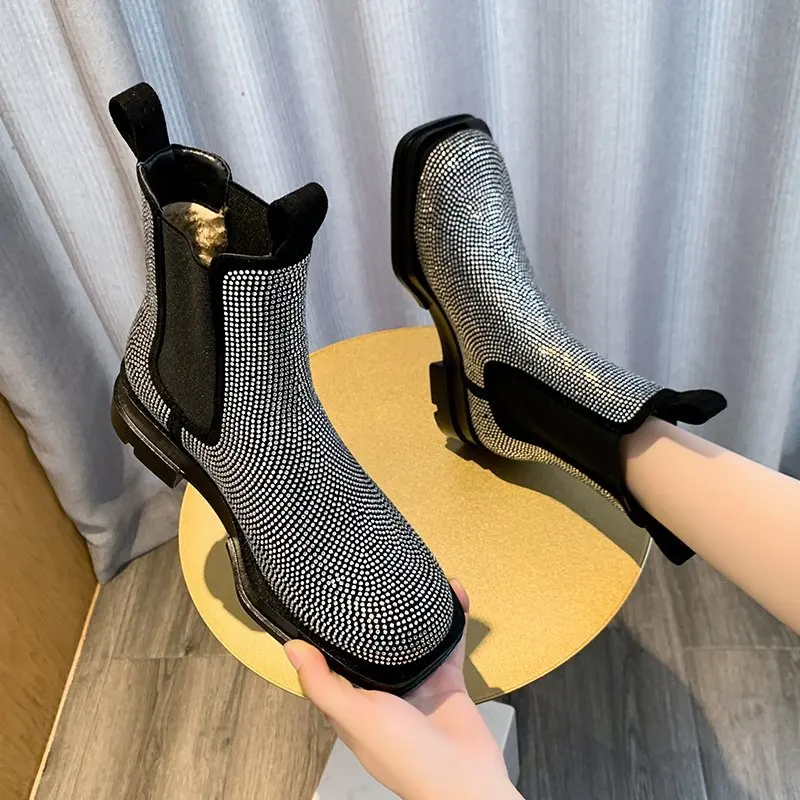 Kristalno Škornji Ženske Mozaik Stretch Tkanine, Botas Pozimi Platformo debele škornji 2020 Slip-on Chelsea Škornji Botas Mujer
