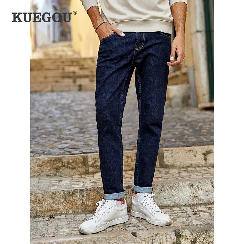 KUEGOU Bombaž jeseni Človek jeans modra črna Mikro elastičnost kavbojke slim Modni Visoke kakovosti jeans moške Hlače zadrgo velikost KK-2905