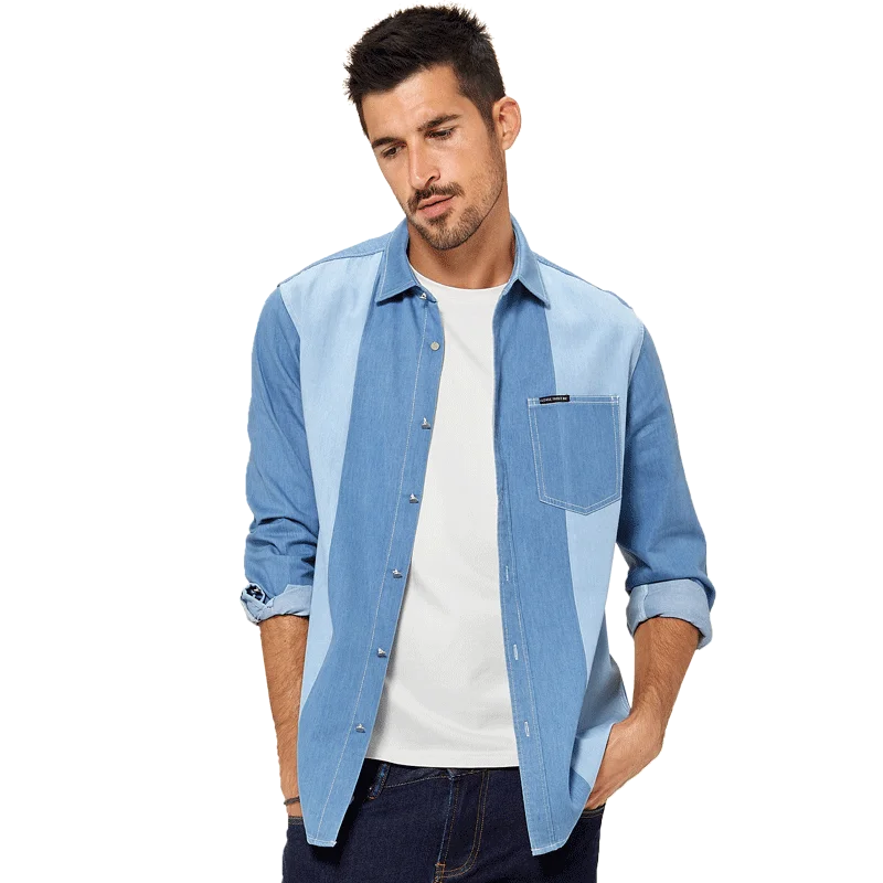 KUEGOU Bombaž kontrast barvne Moške majice dolg rokav moda Ulične pomlad jesen Športna Majica moški top Blue 3XL BC-20502