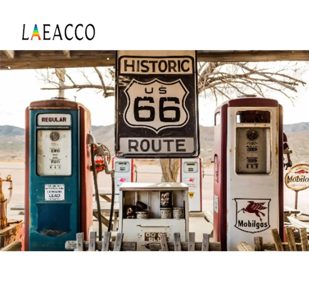 Laeacco Stare Zgodovinske bencinska Route 66 ZDA Stranka Rojstni dan Dekor Foto Ozadje Fotografija Ozadje Foto Studio Photocall
