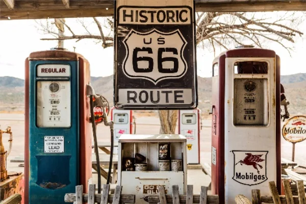 Laeacco Stare Zgodovinske bencinska Route 66 ZDA Stranka Rojstni dan Dekor Foto Ozadje Fotografija Ozadje Foto Studio Photocall