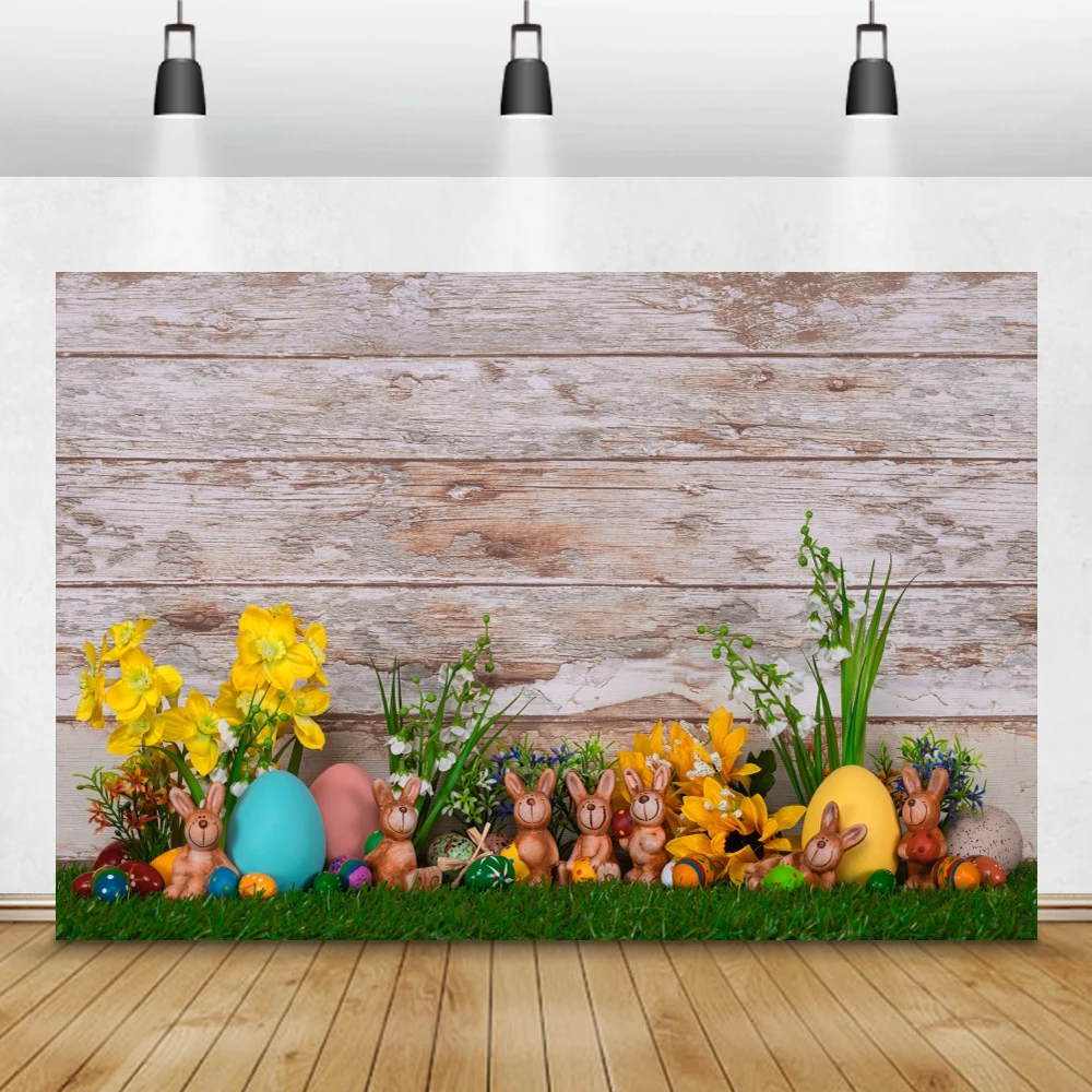Laeacco Velikonočno Fotografiranje Družin, Lesene Plošče Stene Zelene Trave, Cvetje Velikonočna Jajca Otrok Portret Kulise Rekviziti