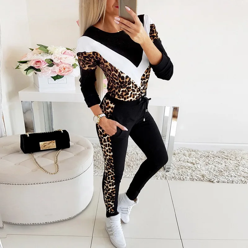 Lammei Visoko Kakovostne Ženske 2 Kos Obleke Leopard Tiskanja Dolgimi Rokavi Pulover Sweatshirts Hlače Set Top In Hlače Trenirka Ženske