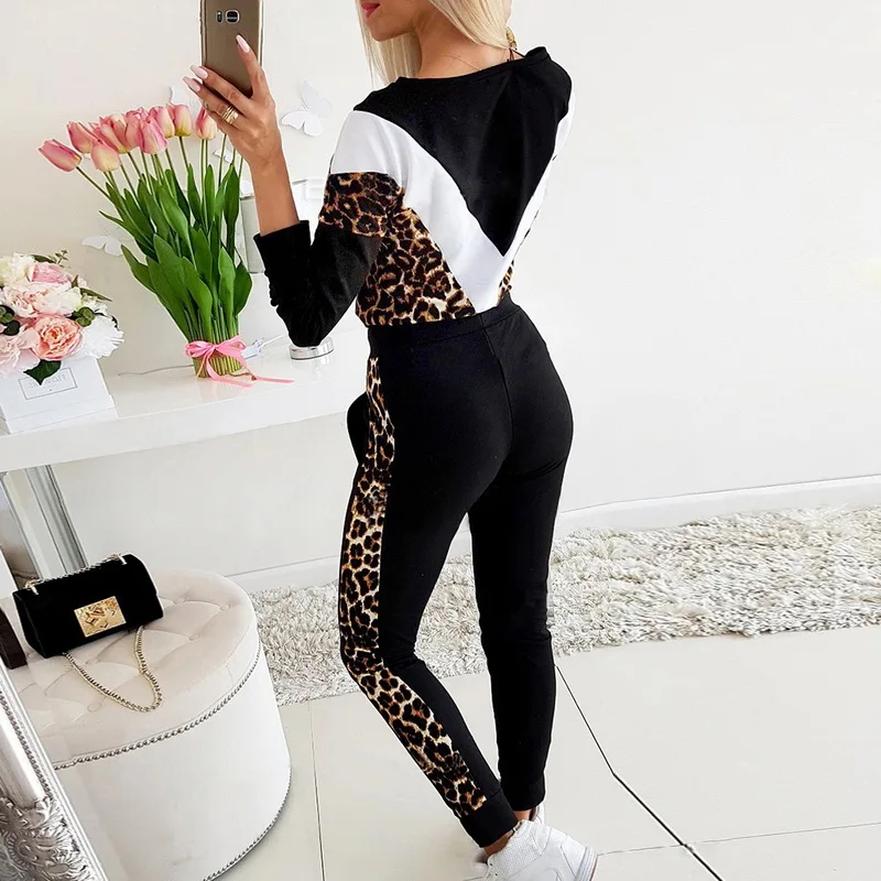 Lammei Visoko Kakovostne Ženske 2 Kos Obleke Leopard Tiskanja Dolgimi Rokavi Pulover Sweatshirts Hlače Set Top In Hlače Trenirka Ženske