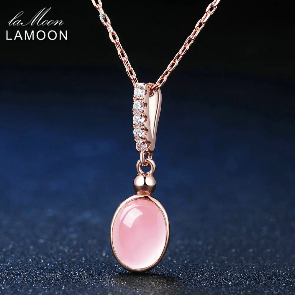 LAMOON Ovalne Pink Rose Quartz 925 Sterling Srebrni Nakit Sklopov Naravni Gemstone Uhan Obroč Ogrlica Stranka Nastavite V021-1