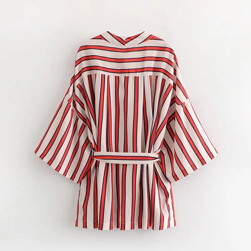 Lanbaiyijia Najnovejši Ženske majica Proti-vrat Bowknot čipke-up dolg rokav kimono bluzo ženske Modni Rdeče Bele Črtaste srajce S, M, L