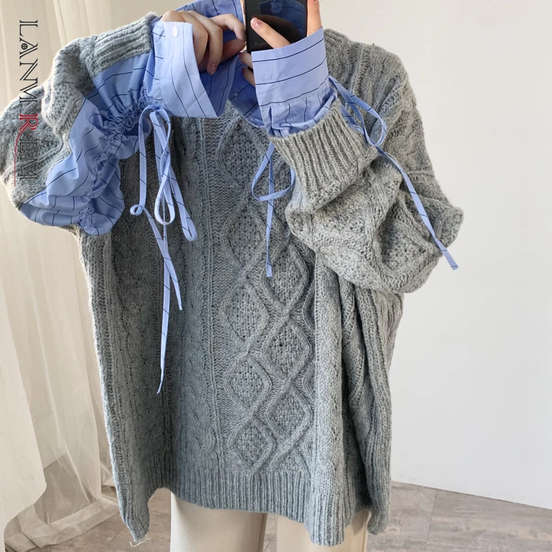 LANMREM 2021 jesensko O-vratu pletenje rokav z povoj, modro in sivo ohlapno vse-tekmo prevelik pulover za ženske modni 2A1687