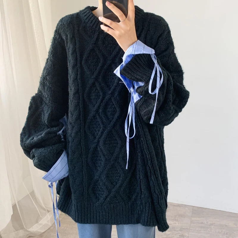 LANMREM 2021 jesensko O-vratu pletenje rokav z povoj, modro in sivo ohlapno vse-tekmo prevelik pulover za ženske modni 2A1687