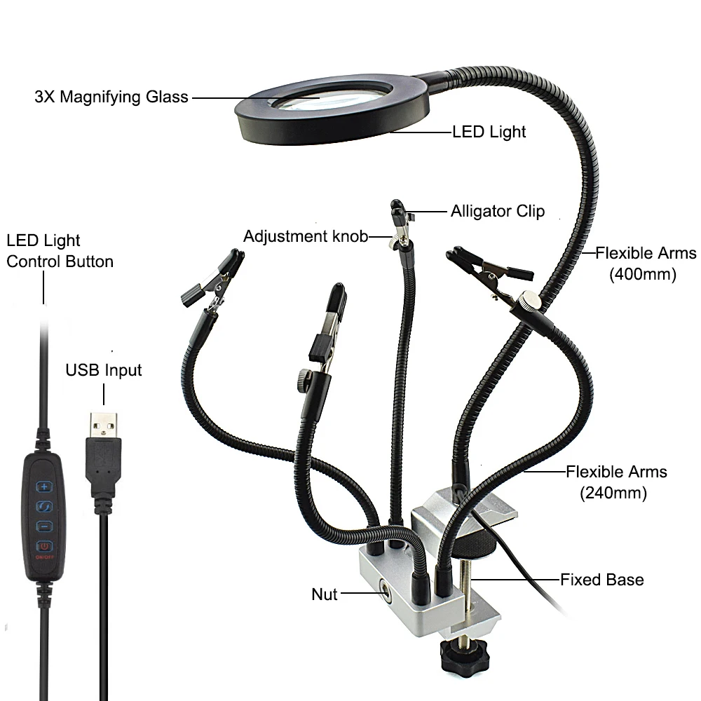 LED 3X Lupo Klopi Vise Tabela Objemka Spajkanje Pomagati z Roko Spajkalna Postaja USB 5pc Prilagodljiv Orožja Tretje Ročno Orodje