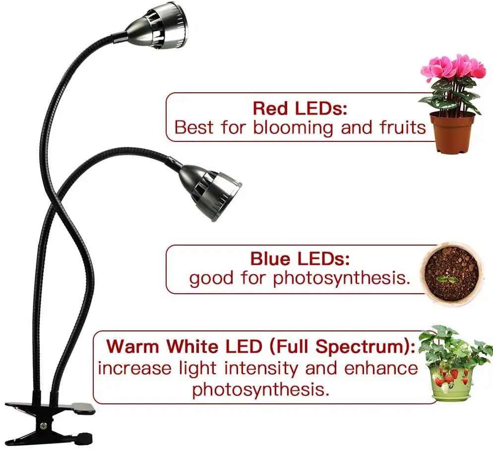 LED Grow Light za Sobne Rastline,Celoten Spekter Dvojno Glavo za Mizo Posnetek Rastlina, Lahka za Sadika Cvetenja Nastavljiv Gooseneck in Čas