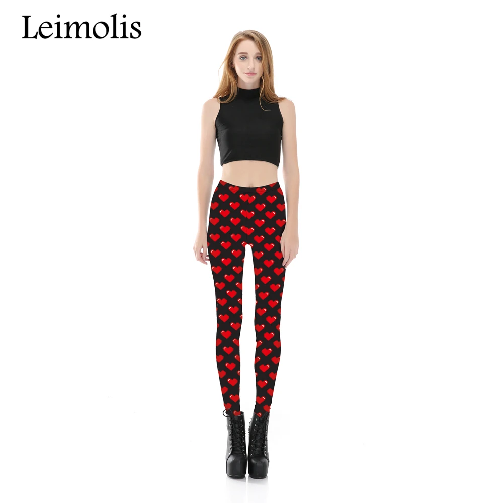 Leimolis 3D tiskanih fitnes push up vaja dokolenke žensk Rdeče, sladko srce plus velikost Visoko Pasu punk rock pants