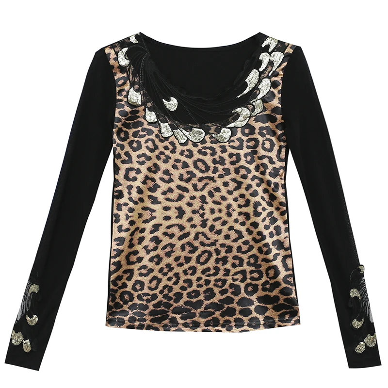 Leopard majica s kratkimi rokavi Ženske Jeseni Očesa Mozaik Appliques Vezenje Slim Stretchy Vrhovi Majica Pregleden Dolg Rokav S-3XL T98691