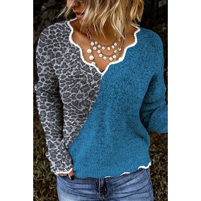 Leopard moda in trdno razrezana ženski puloverji in puloverji letnik dolgimi rokavi, v-izrez pletenine puloverji vrhovi potegnite femme