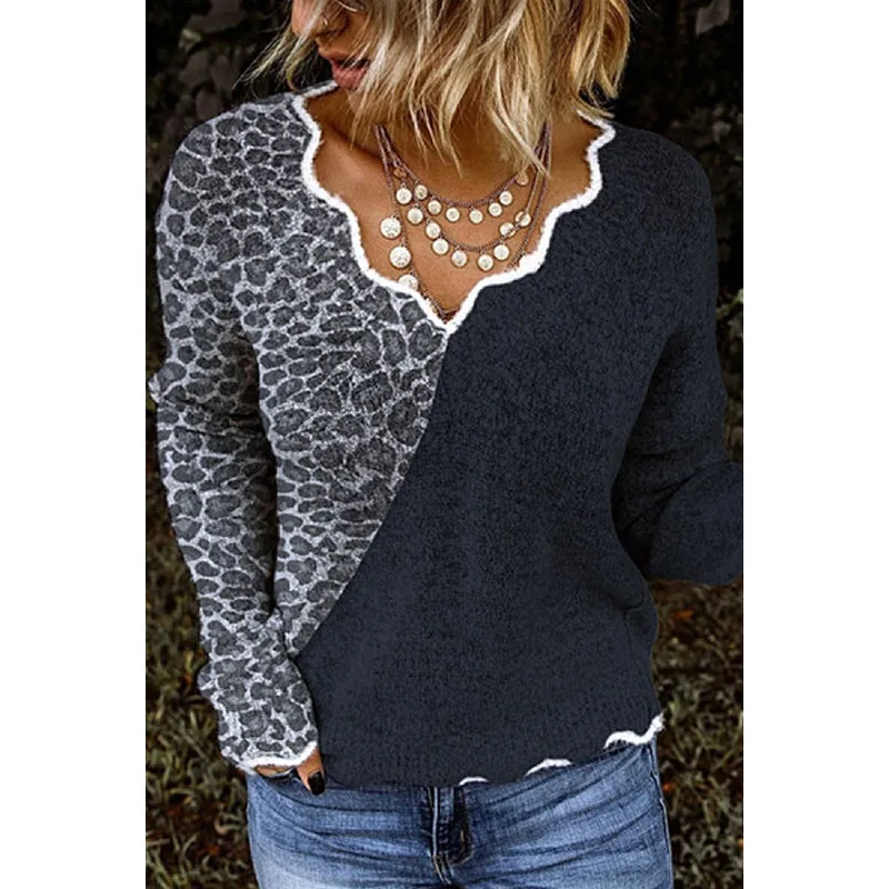 Leopard moda in trdno razrezana ženski puloverji in puloverji letnik dolgimi rokavi, v-izrez pletenine puloverji vrhovi potegnite femme