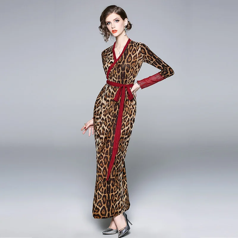 Leopard Natisniti Moda Zaviti Obleko 2020 Jeseni Seksi Žensk V Vratu Kravato Loka Sashes Bodycon Obleko Žensko Elegantno Visoko Split Obleko Maxi