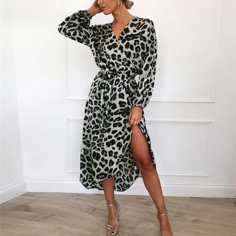 Leopard Obleka Ženske 2020 Moda Šifon Jeseni Obleke Dolgimi Rokavi, Globok V-izrez A-line Seksi Stranka Dolgo Obleko Vestidos de fiesta
