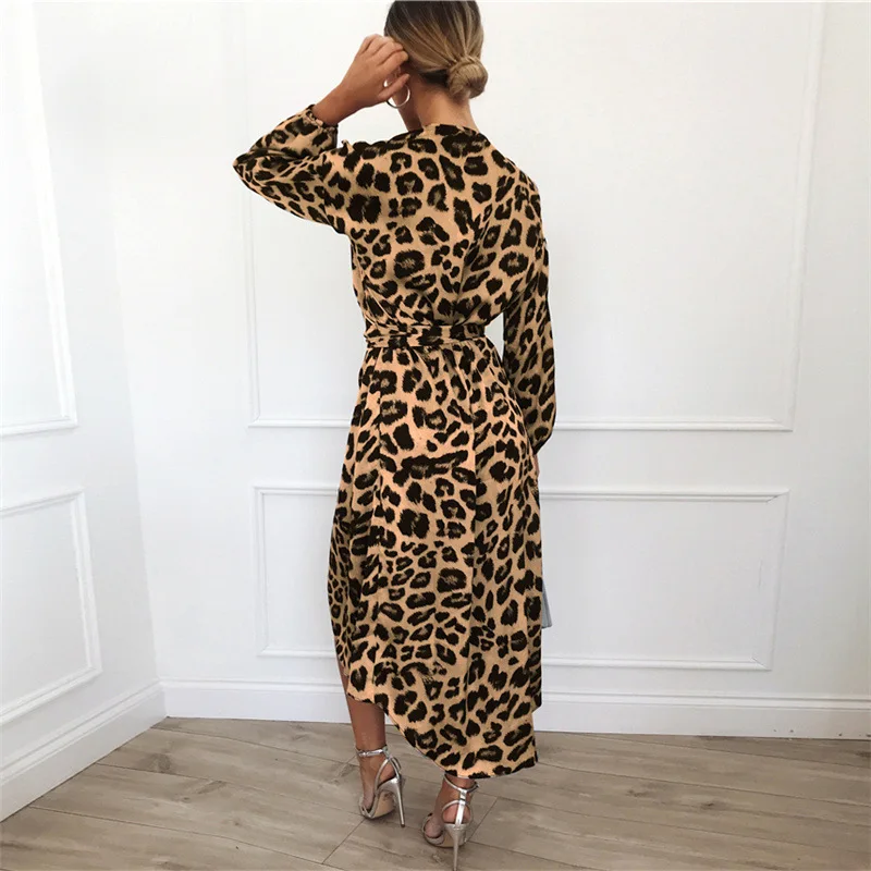 Leopard Obleka Ženske 2020 Moda Šifon Jeseni Obleke Dolgimi Rokavi, Globok V-izrez A-line Seksi Stranka Dolgo Obleko Vestidos de fiesta