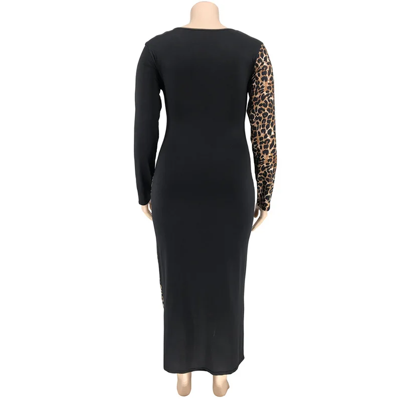 Leopard Panelled Plus Velikost Obleka Ženske Globoko V Vratu Visoko Pasu Obavijen Seksi Bodycon Obleko Spadajo 2021 Dolg Rokav Maxi Povoj Obleko