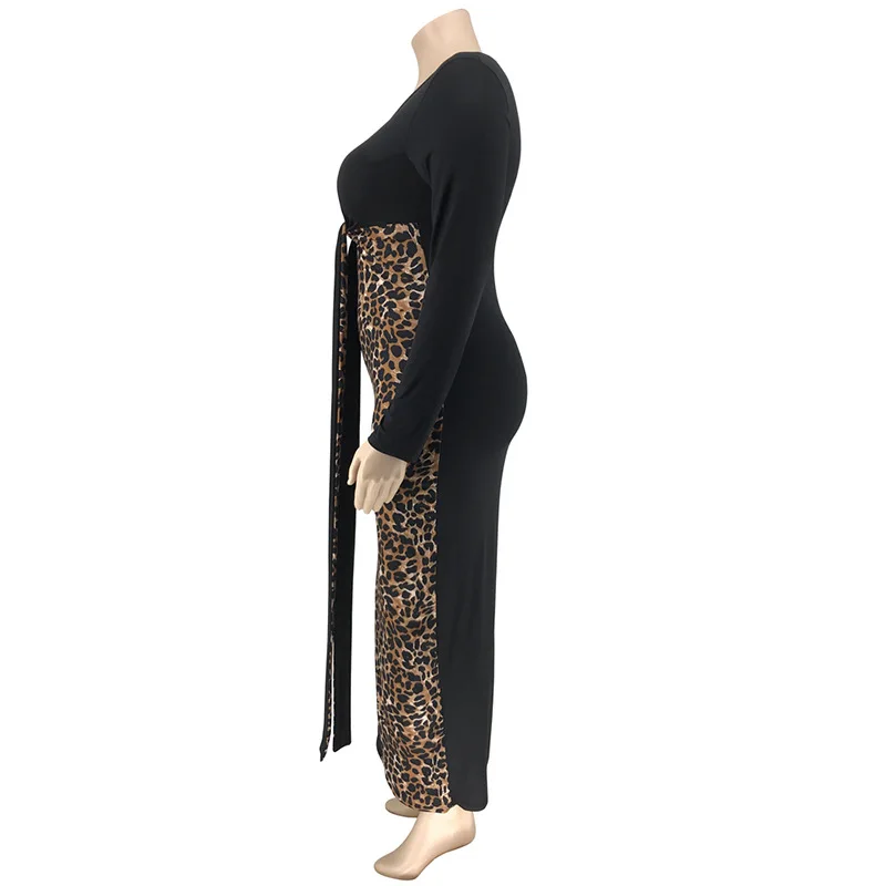 Leopard Panelled Plus Velikost Obleka Ženske Globoko V Vratu Visoko Pasu Obavijen Seksi Bodycon Obleko Spadajo 2021 Dolg Rokav Maxi Povoj Obleko