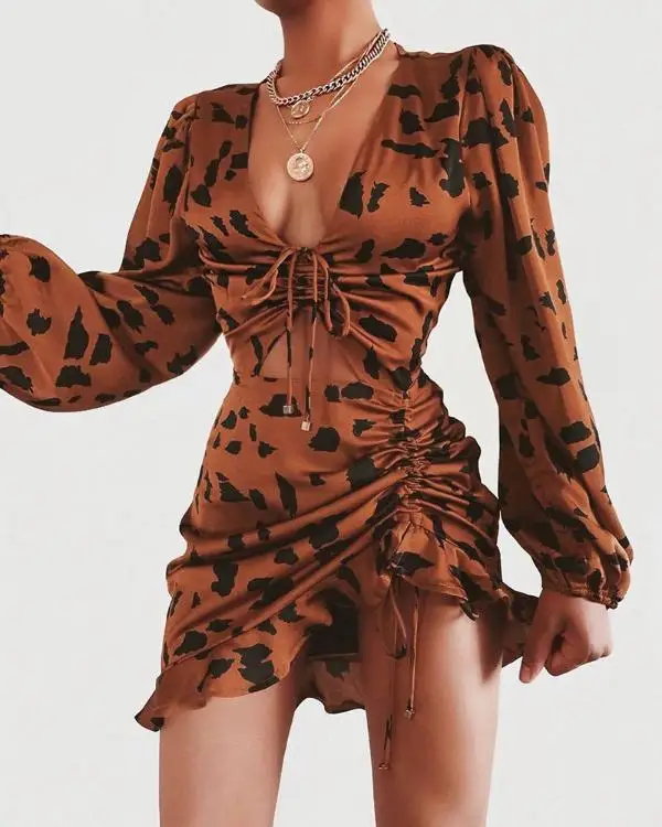 Leopard Vrvico Design Ruffles Obleko Nezakonitih Dolg Rokav Rezano Spredaj Seksi Obleko Vestidos