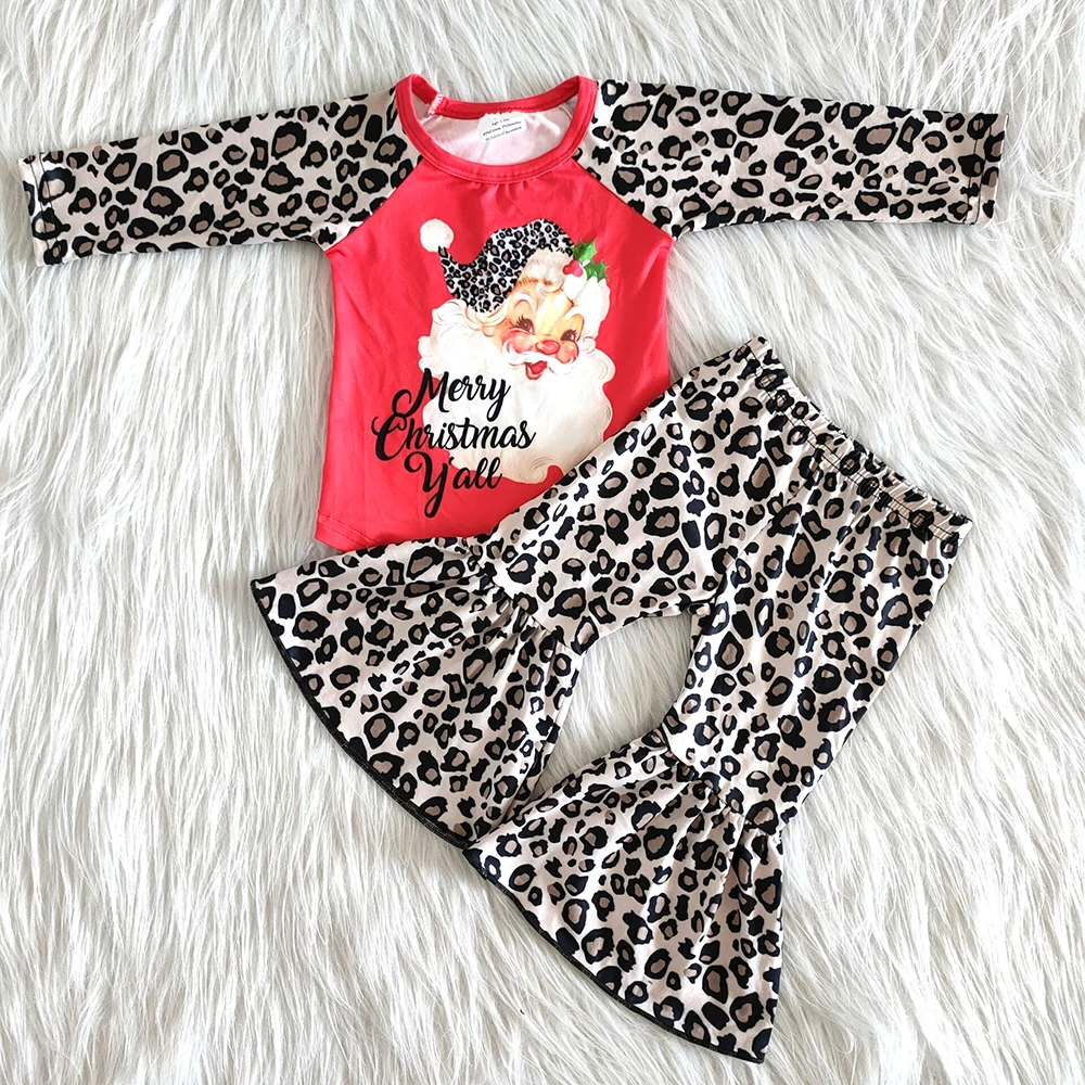 Leopard vzorec otroci pozimi obleko dekle božič dolg rokav obleka komplet dojenček dekle santa tiskano majico tekmo bell obleko hlače