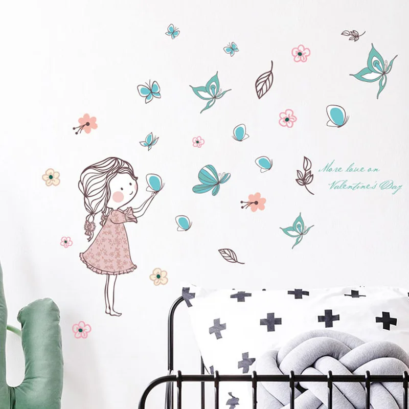 Letenje Metulj dekle stenske nalepke spalnica Dekleta soba dekoracijo doma art zidana risanka nalepke otroški sobi ozadje