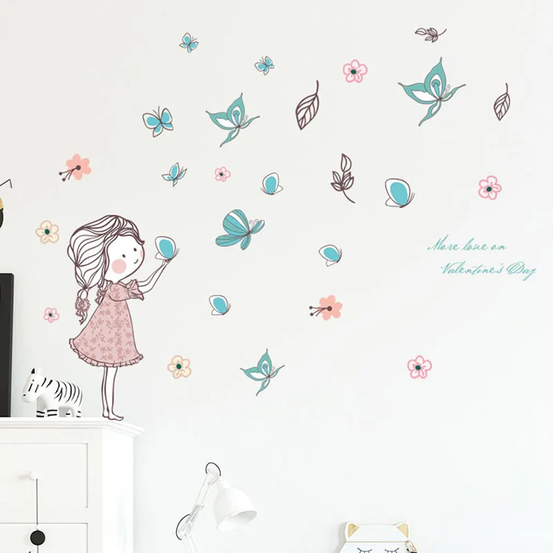 Letenje Metulj dekle stenske nalepke spalnica Dekleta soba dekoracijo doma art zidana risanka nalepke otroški sobi ozadje