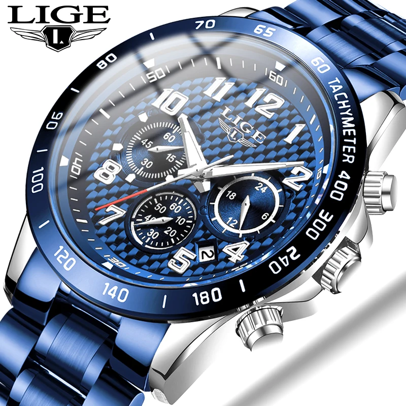LIGE 2020 Nov Blue Steel Band Mens Ure Vrh Luksuzne blagovne Znamke Šport Gledajo Moški ročno uro Quartz Datum Ura uro Relogio Masculino