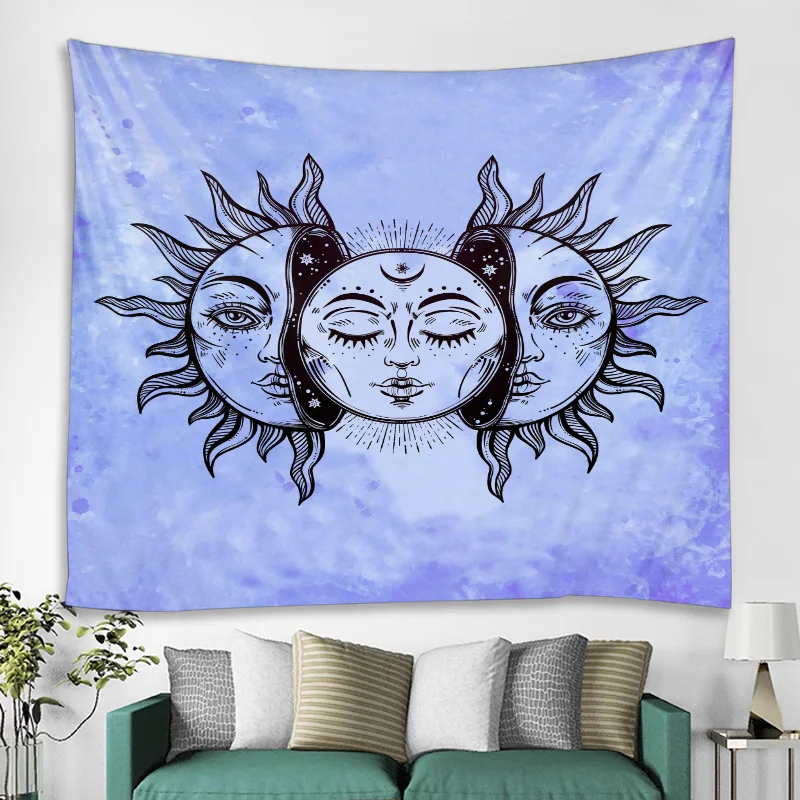 Light Blue Sun Moon Tapiserija, Psihedelični Nebesnih Indijski Sonce Hipi Hipi Tapiserija Steni Visi Vrgel Bedspread