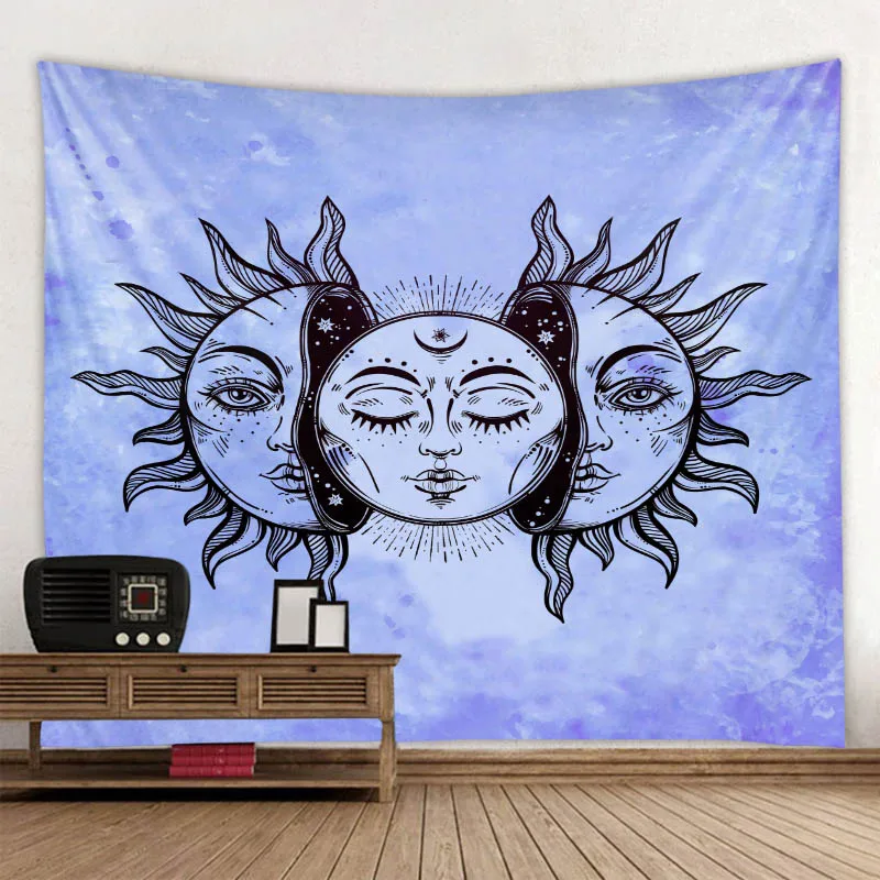 Light Blue Sun Moon Tapiserija, Psihedelični Nebesnih Indijski Sonce Hipi Hipi Tapiserija Steni Visi Vrgel Bedspread