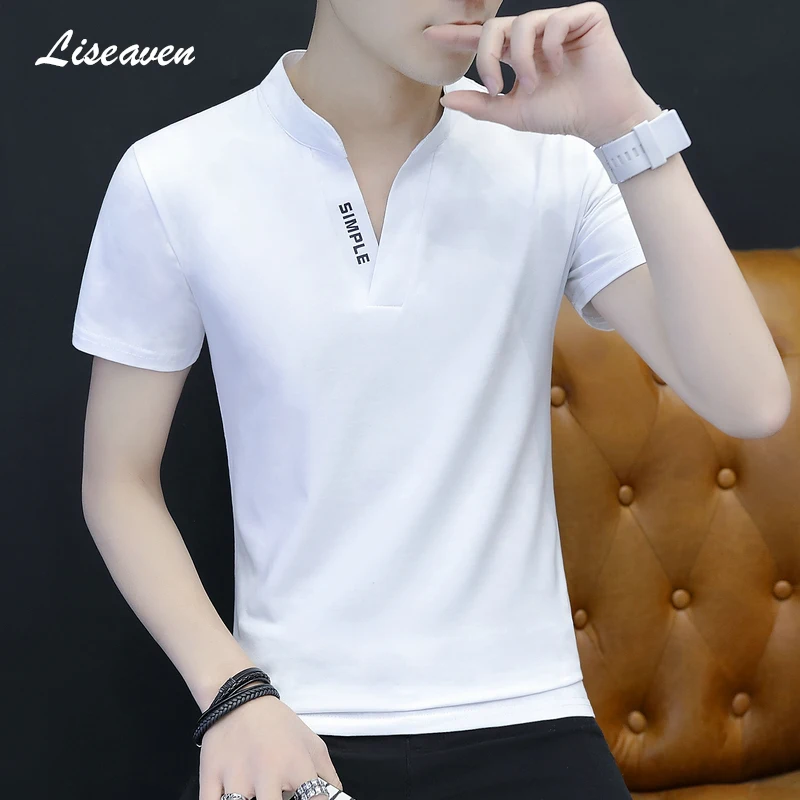 Liseaven moška T-Shirt 2019 Mandarin Ovratnik Majice Kratek Rokav T-Majice blagovne Znamke Tee Shirt Mens Oblačila
