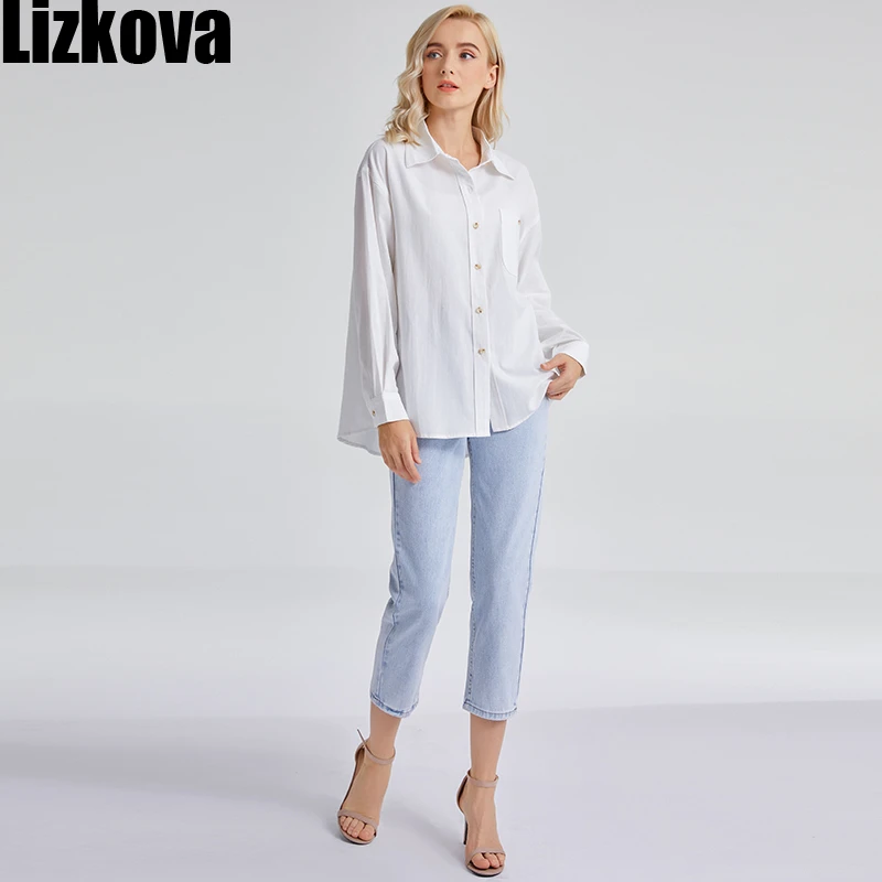 Lizkova Pomlad, Bombaž Japonski Bluzo Ženske Bele Dolg Rokav Shirt ženski 2021 Žep Femme Srajca 8265