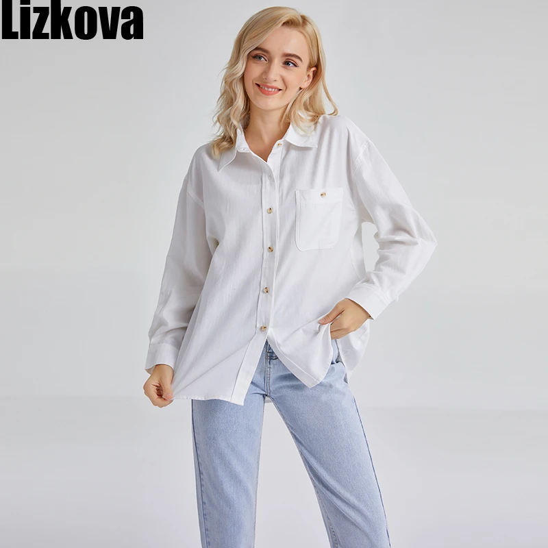 Lizkova Pomlad, Bombaž Japonski Bluzo Ženske Bele Dolg Rokav Shirt ženski 2021 Žep Femme Srajca 8265